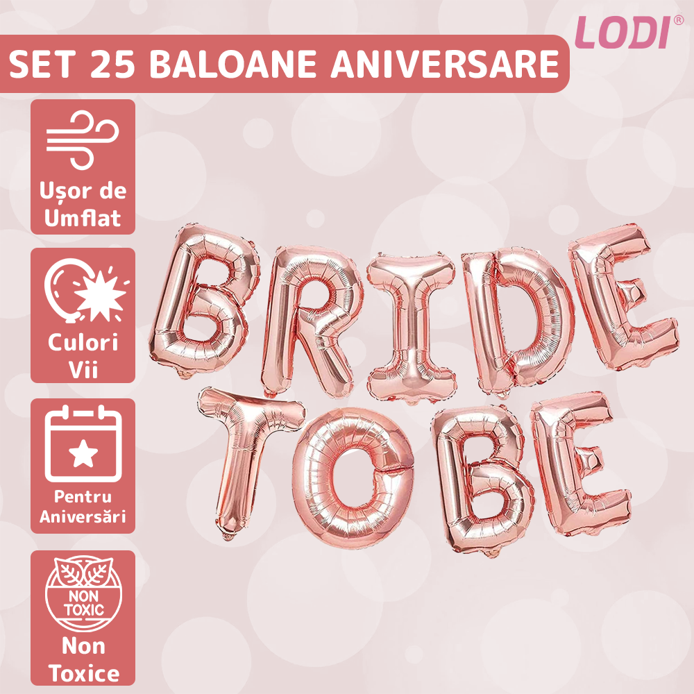 Set 9 Baloane Lodi719, Litere, pentru Petreceri/Aniversari/Evenimente, model BRIDE TO BE, rose gold