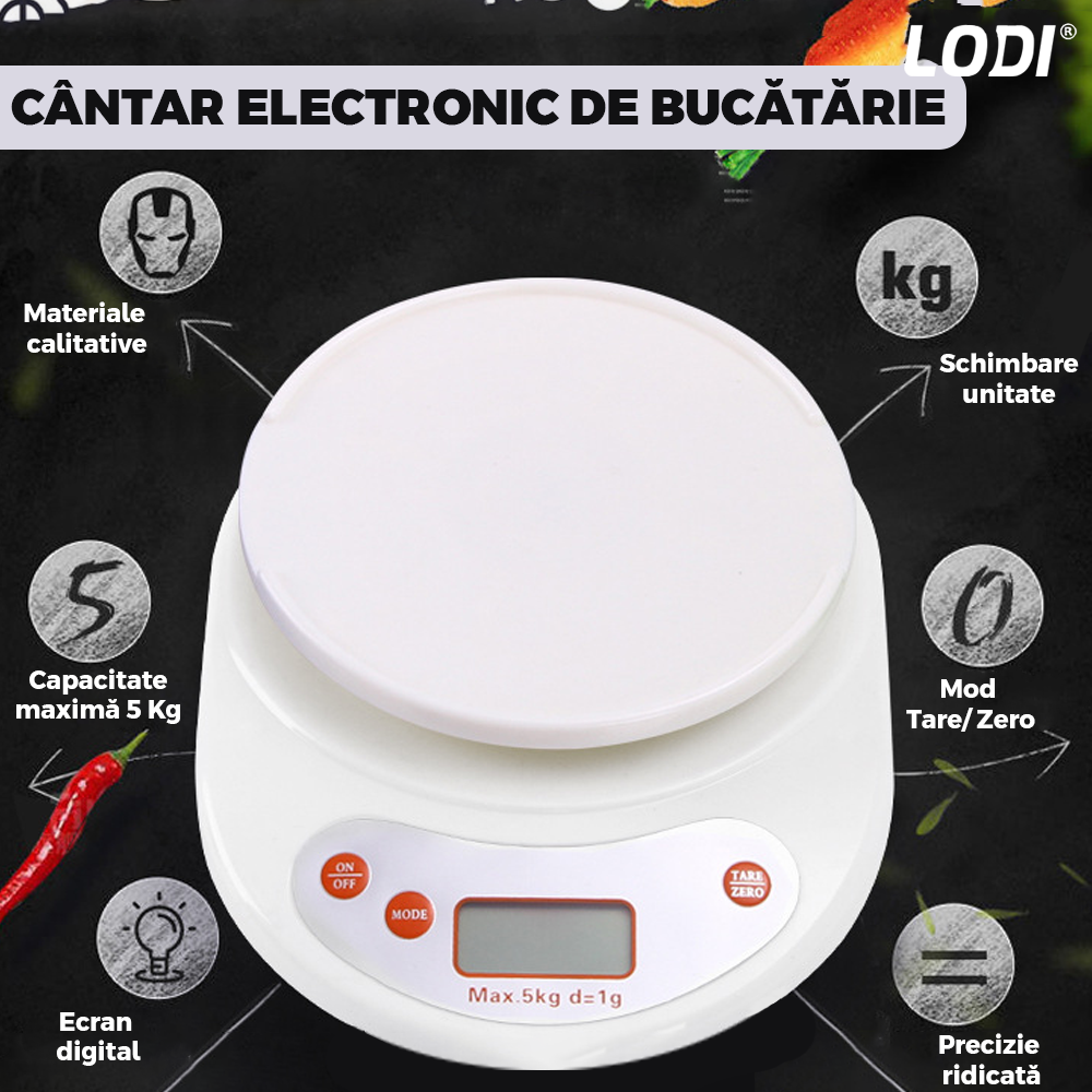 Cantar Electronic de Bucatarie Lodi646, bol inclus, capacitate maxima 5 kg, acuratete 1 g, afisaj digital, resetare la pornire, 3 unitati de masura, functionare cu baterii 2 x AA, alb