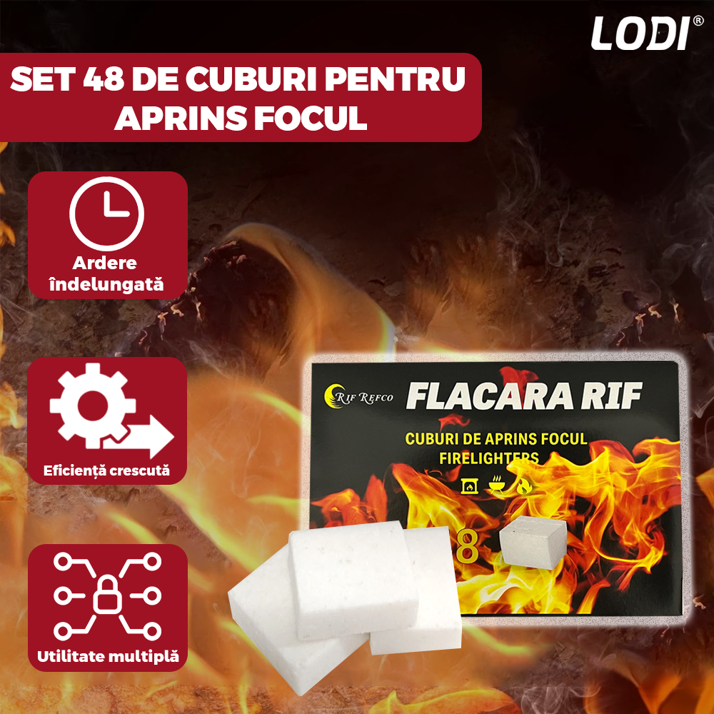 Set Cuburi pentru Aprins Focul Lodi, pastile aprinzatoare, timp indelungat de ardere, incalzire centrala, seminee, sobe, camping, drumetii