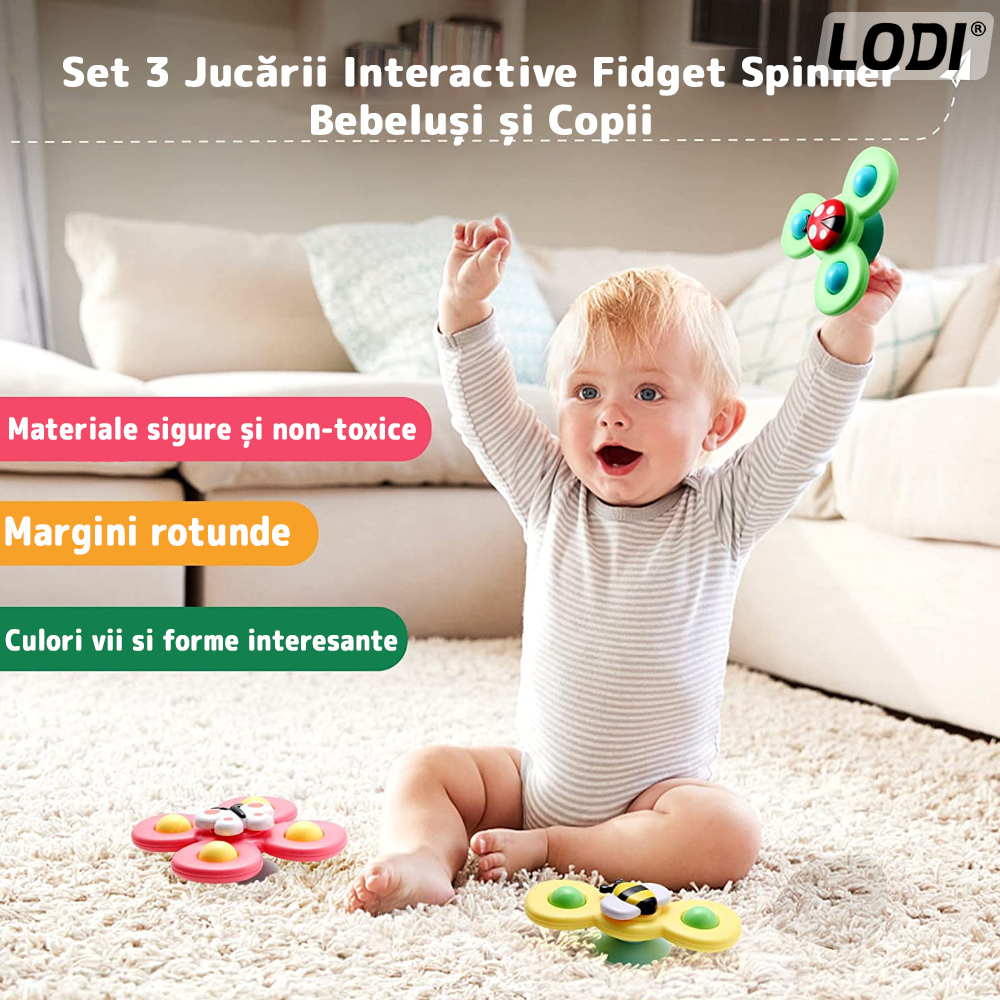 Set 3 Jucarii Interactive Fidget Spinner Lodi2, forma insecte, bile zornaitoare, margini rotunde, ventuza de prindere, 1-3 ani, multicolor