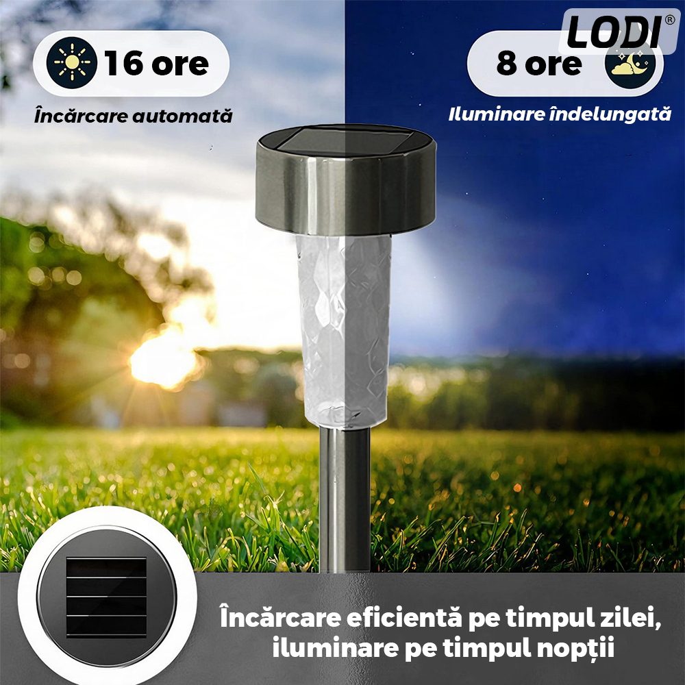 Set 10 Lampi Solare pentru Gradina Lodi1118, tehnologie LED, pentru exterior, incarcare solara, autonomie 8 ore, tip tarus, material metal, lumina alb cald