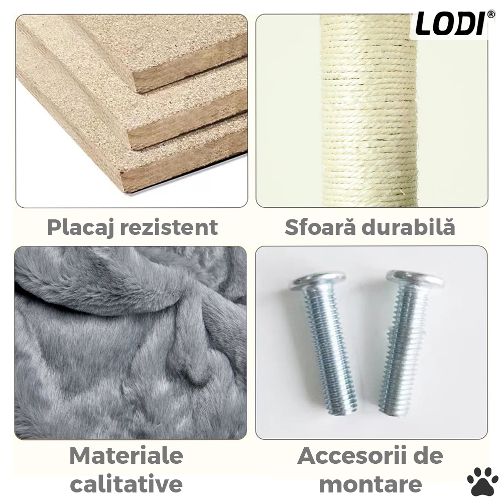 Ansamblu de Joaca pentru Pisici Lodi320, cu 3 platforme de observatie, 3 niveluri, 1 casuta, franghie si minge de joaca, stalpi pentru zgariat, captuseala extra moale, structura stabila, 110 cm, gri
