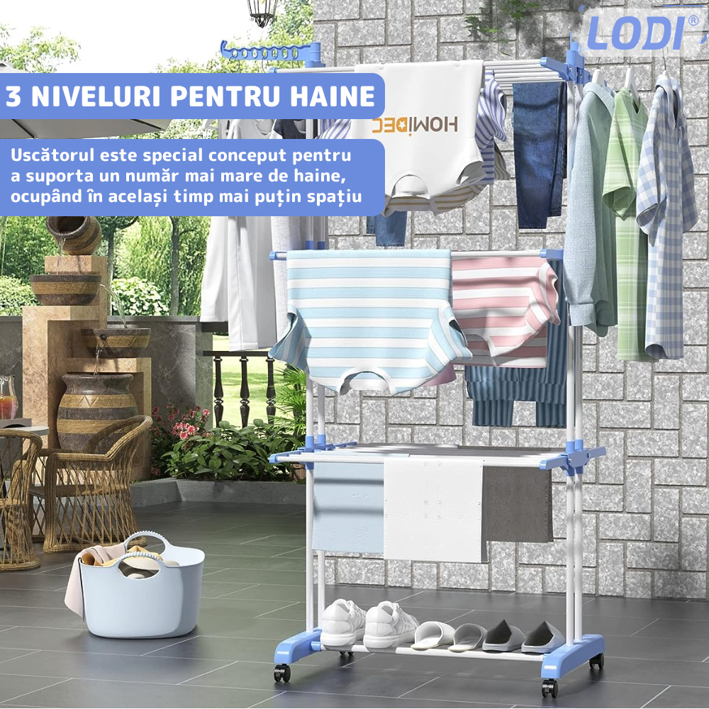 Uscator Vertical pentru Rufe si Haine Lodi290, 3 niveluri, mobil, pliabil, pentru spatii mici, suport umerase, cadru rezistent, inaltime 175cm, albastru