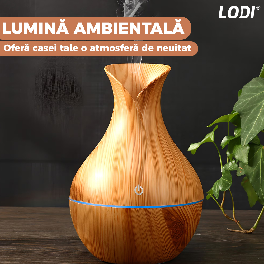 Difuzor Aromaterapie Lodi219, lumini ambientale, control tactil, capacitate 200ml, silentios, rezerva inclusa, alimentare USB, umidifica aerul, stejar deschis