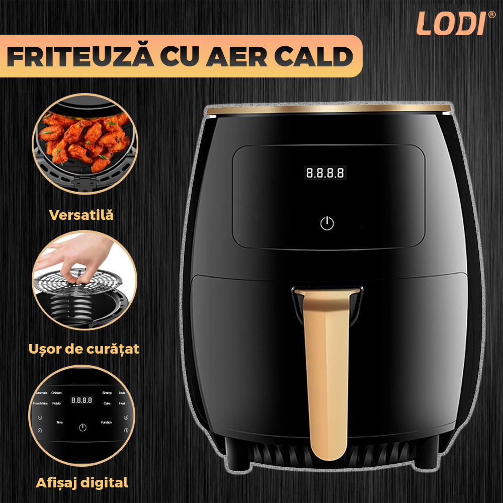 Friteuza Fara Ulei Air Fryer Lodi854, 100 tavi de copt cadou, tehnologie smart sensing, programe smart chef automate, afisaj digital, capacitate 4.5 L, tehnologie de eliminare a grasimii, functie de pastrare la cald,tensiune alimentare 220 V, negru