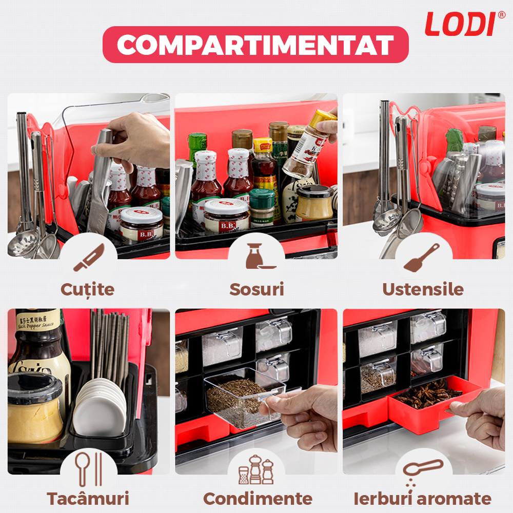 Organizator Multifunctional pentru Bucatarie Lodi484, suport sticle, rafturi pentru condimente, cuier pentru ustensile, suport cutite, 46 x 26 x 43 cm, rosu