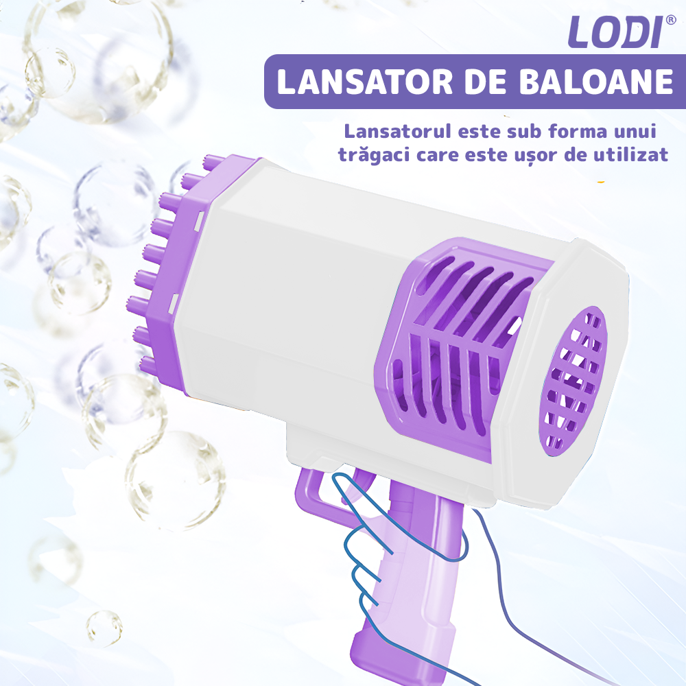 Pistol de Facut Baloane Bubble Gun Lodi1215, tip Bazooka, automat, 34 orificii pentru bule, alimentare cu baterii, mov/alb