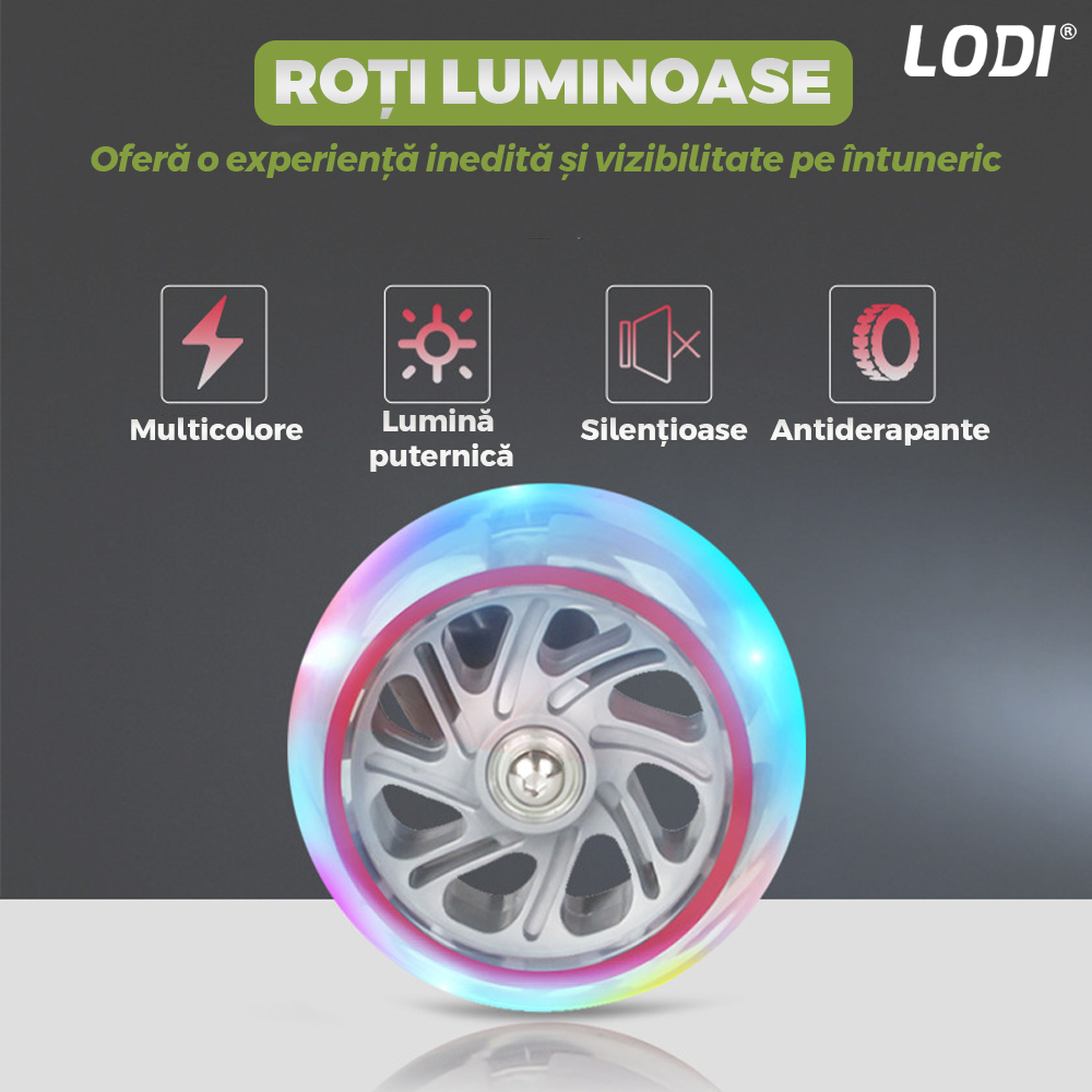 Trotineta pentru Copii cu Lumini Lodi1050, 3 roti, pliabila, anti-aluncare, inaltime ajustabila, stabila, frana, incorporata, 3-11 ani, verde