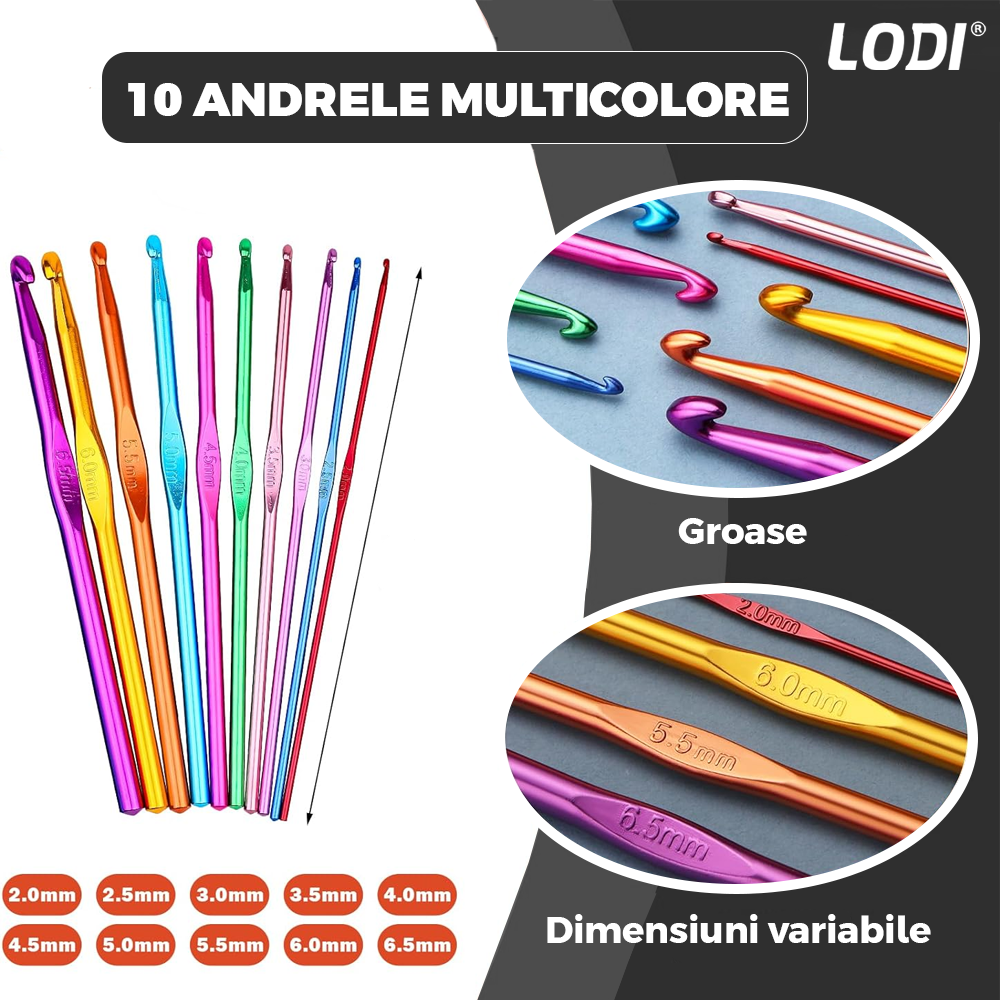 Set Profesional de Crosetat Lodi663, 100 de piese, 12 andrele subtiri argintii, 10 andrele groase multicolore, foarfeca, rigla si accesorii pentru tricotat, husa de depozitare, negru