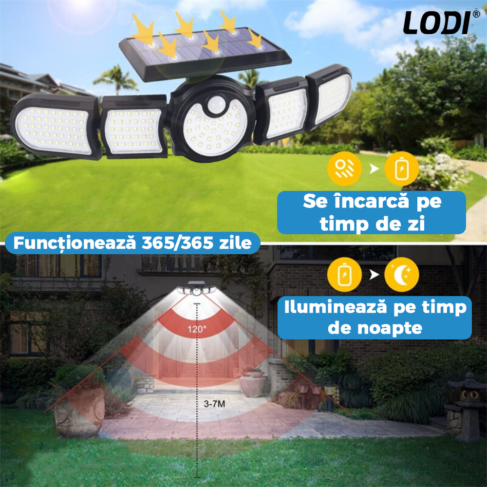 Lampa Solara 172 LED-uri Lodi265, 5 Capete, senzor de miscare, 3 moduri de iluminare, protectie IP65, Waterproof, exterior, negru