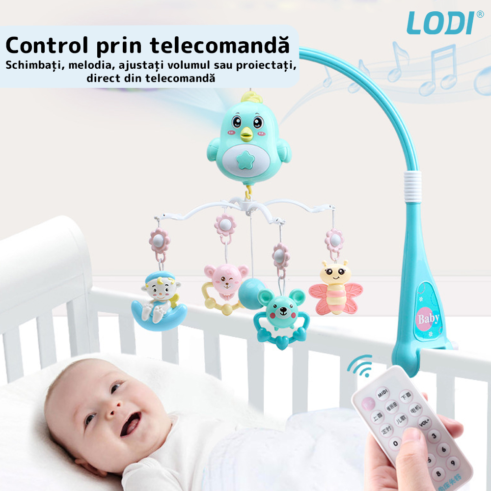 Carusel Muzical pentru Patut Lodi362, Bebe, control prin telecomanda, proiector, muzica si lumini, jucarii detasabile, albastru