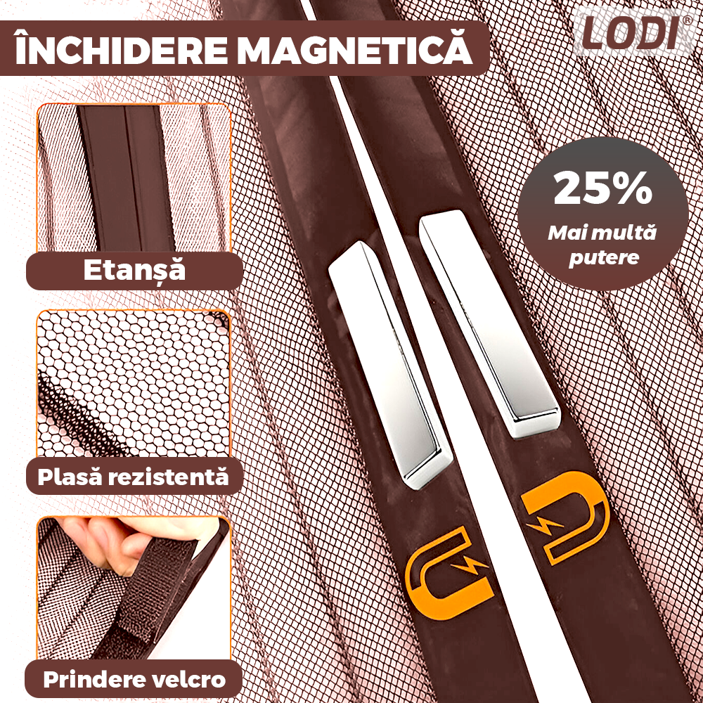 Plasa pentru Usa cu Inchidere Magnetica Lodi1200, anti-insecte, tanrari, muste, paianjeni, montare velcro, materiale calitative, rezistenta, 185x104 cm, maro