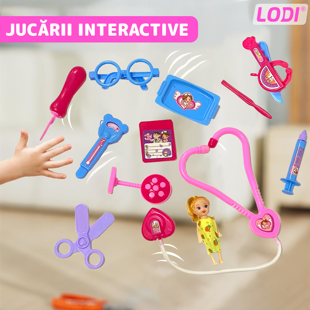Set Trusa Medicala Asistenta Doctor Lodi480, joc de rol, 13 accesorii si cutie penntru depozitare, mini pacient, 37.5 x 21 cm, roz deschis