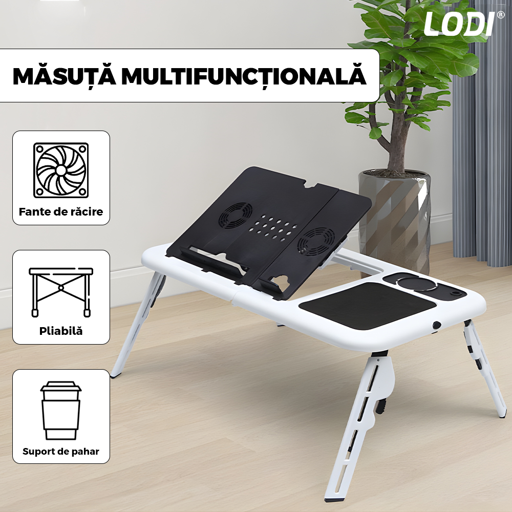 Masuta Universala Lodi1517, pliabila, pentru laptop/tableta/ mic dejun la pat, sistem cu fante de racire, suport pentru pahar, unghi reglabil, usor de depozitat, alb/negru