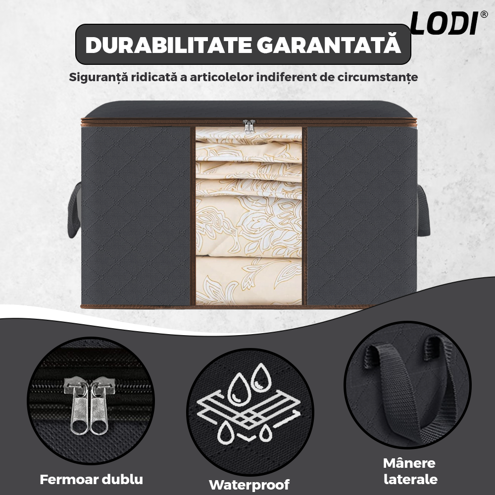 Cutie Depozitare si Organizare Mare Lodi1026, pliabila, maner ranforsat si fereastra transparenta, pentru haine/paturi/ plapumi/ perne/ lenjerii de pat/jucarii, 105 L, 70x 50x 30 cm, negru