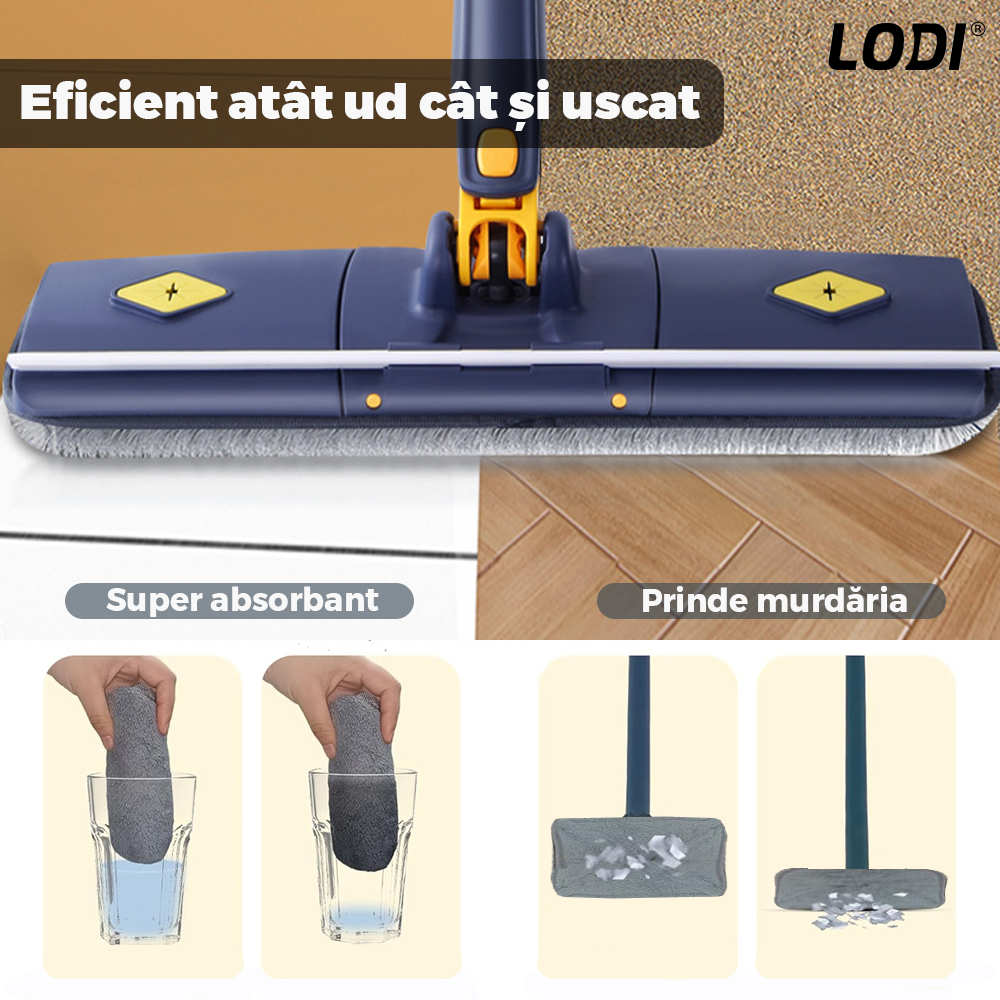 Mop cu Cap Dreptunghiular Lodi1160, rotire 360 grade, telescopic, curatare usoara, 3 lavete incluse, 105 cm, albastru/galben