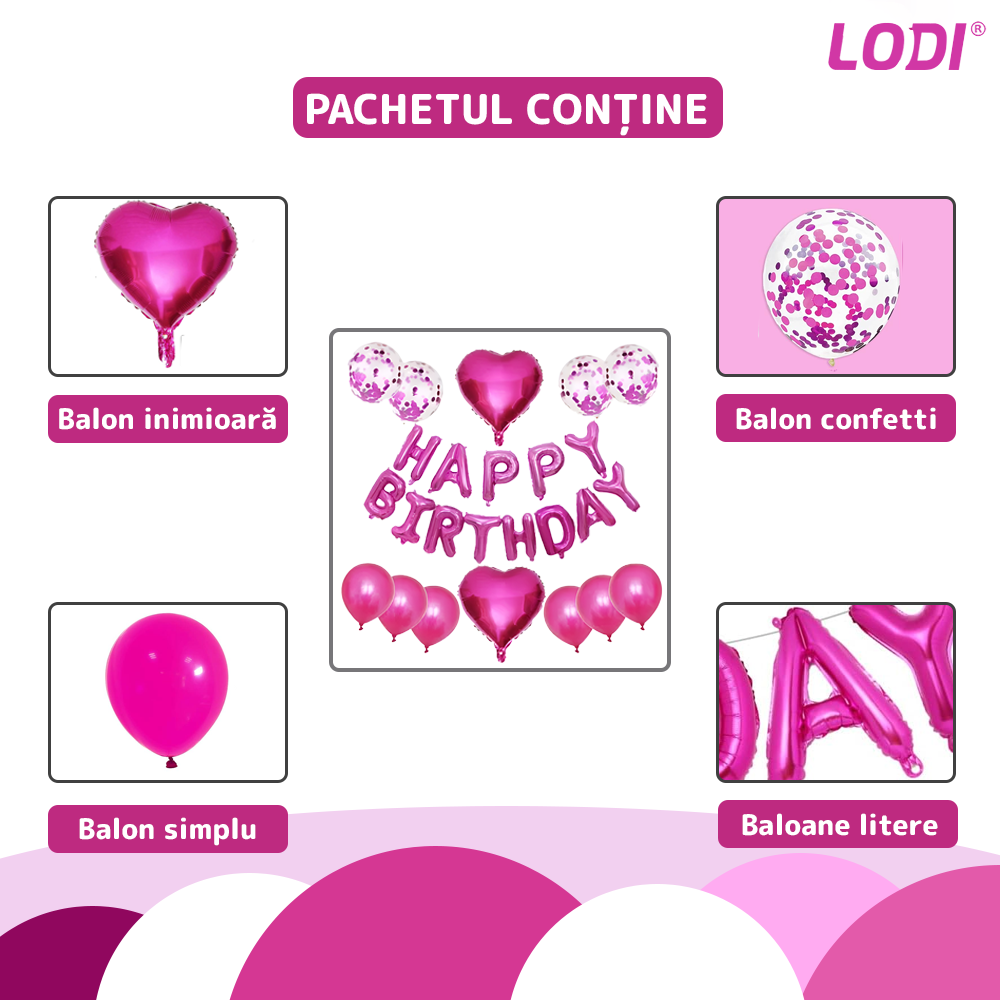 Set 25 Baloane Lodi755, Litere, pentru Petreceri/Aniversari/Evenimente, confetti, inimioare, model HAPPY BIRTHDAY, roz