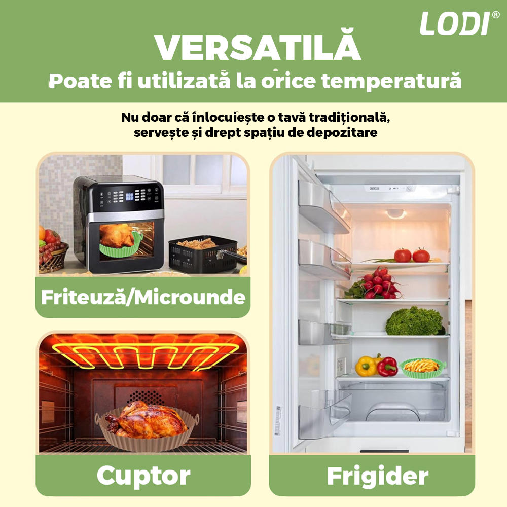 Tava de Copt Rotunda Lodi1309, pentru friteuza/cuptor/microunde, antiaderenta, rezistenta la temperaturi inalte, 21 x 17 cm, verde