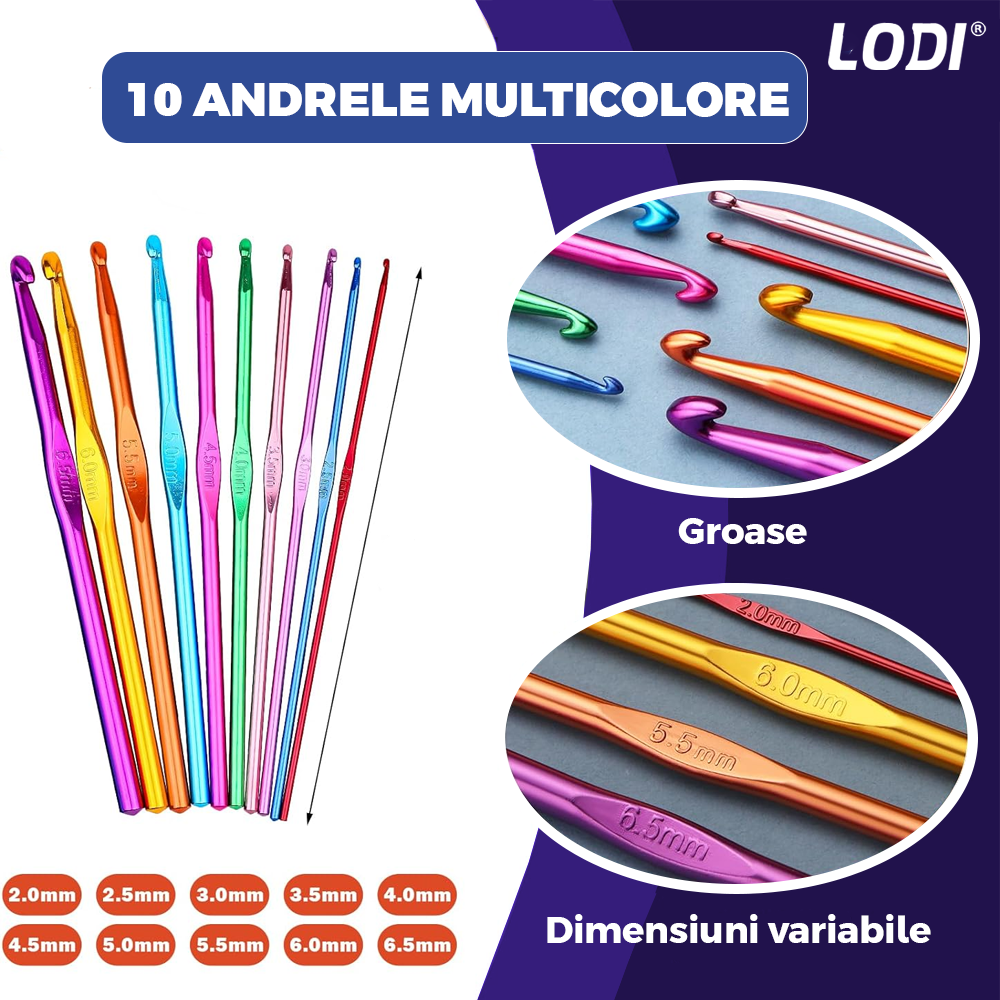 Set Profesional de Crosetat Lodi664, 100 de piese, 12 andrele subtiri argintii, 10 andrele groase multicolore, foarfeca, rigla si accesorii pentru tricotat, husa de depozitare, albastru