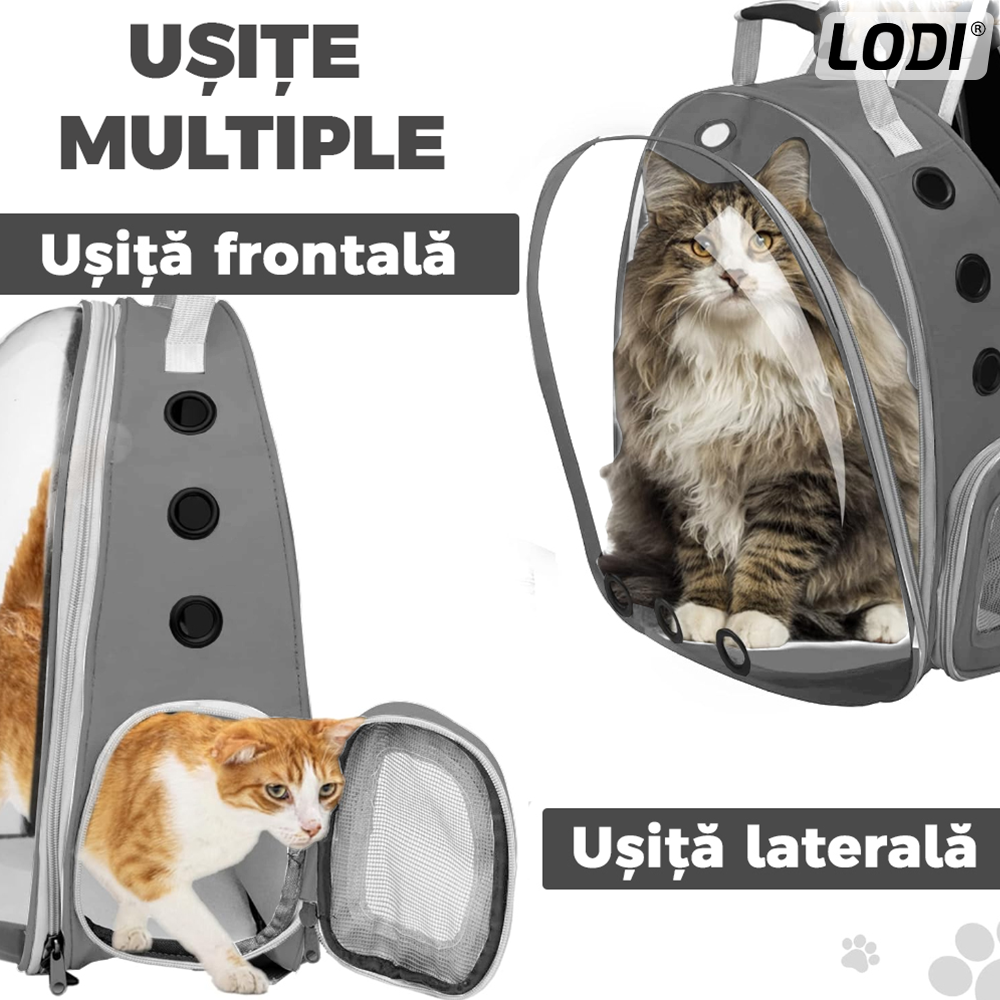 Rucsac Transport Animale Lodi1099, greutate Max 7kg, hublou panoramic transparent, buzunar lateral, 2 iesiri, pentru talie mica, gri