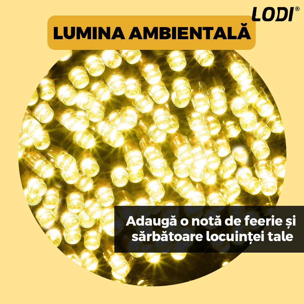 Instalatie de Craciun Liniara Lodi1433, 240 LED-uri, 8 jocuri de lumini, alimentare la priza, interior/exterior, rezistenta la apa, 50 m, alb cald