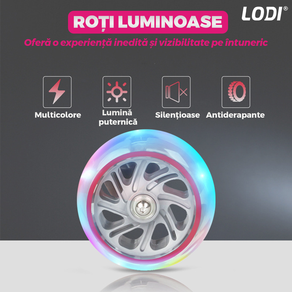 Trotineta pentru Copii cu Lumini Lodi1051, 3 roti, pliabila, anti-aluncare, inaltime ajustabila, stabila, frana, incorporata, 3-11 ani, roz