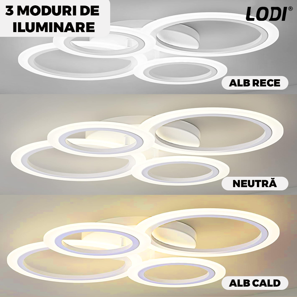 Lustra LED 4 Cercuri Lodi425, dimabila cu telecomanda, 3 tipuri de lumina, intensitate ajustabila, lumina alba rece, neutra, alba cald, putere 110 W, 55 cm