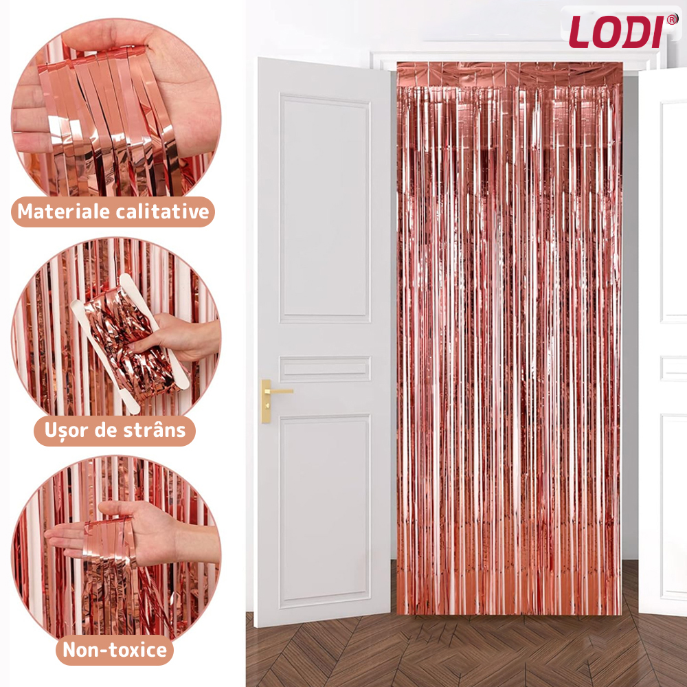 Set 2 Bucati Perdea Decorativa Lodi322, din folie rose gold metalizat, pentru petreceri aniversare