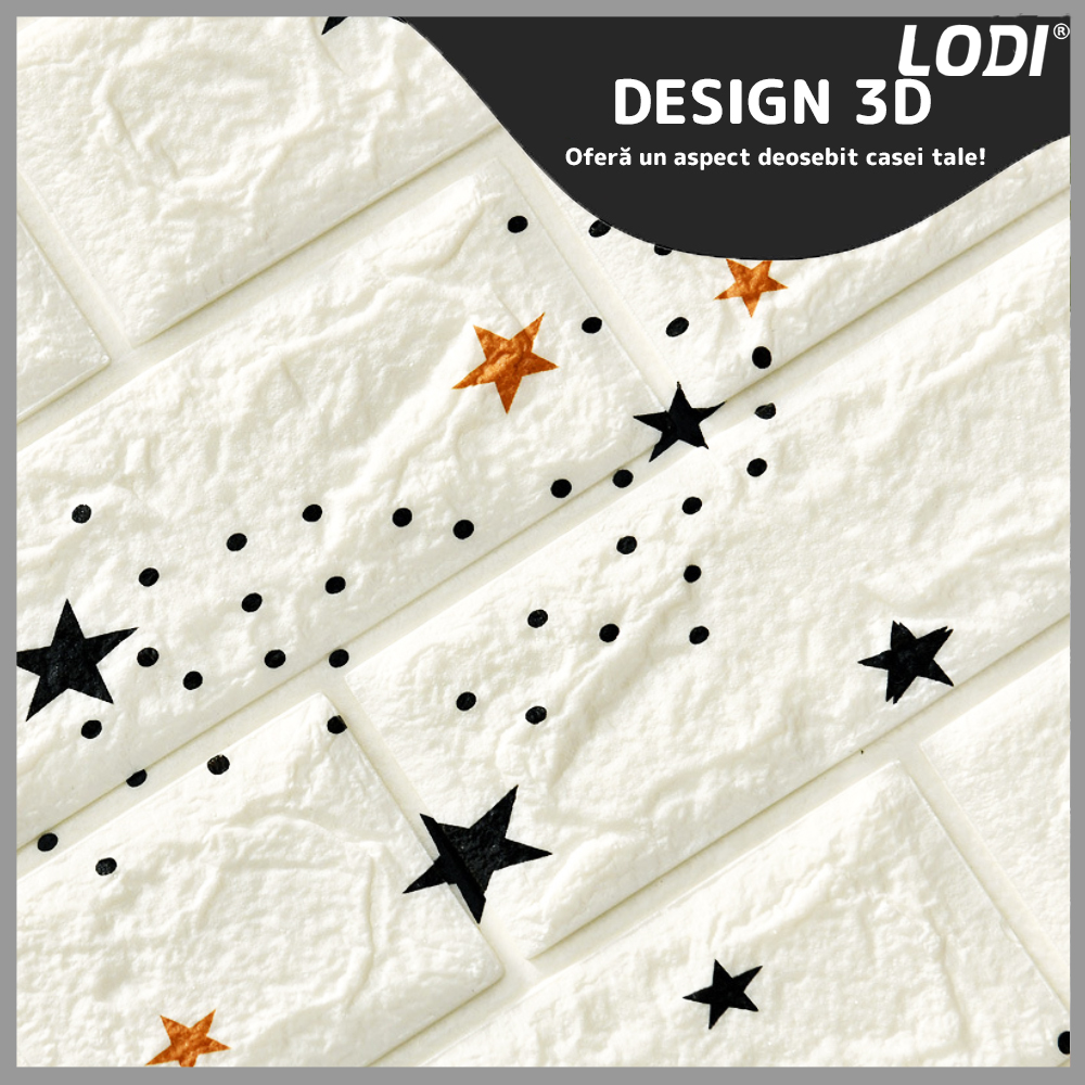 Set Tapet Caramida 3D Lodi69, model Stelute, suprafata acoperire 5.3 mp, autoadeziv, waterproof, usor de montat, design modern, 70x77 cm, alb