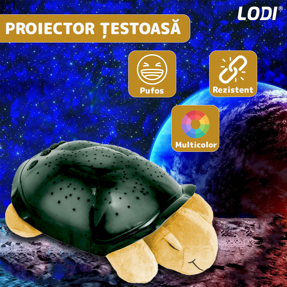 Lampa de Veghe Testoasa Lodi1424, proiector de lumini, 8 constelatii, lumina RBG, 2 cantece de adormit copiii, pufoasa si moale, mod inchidere automata, galben/verde