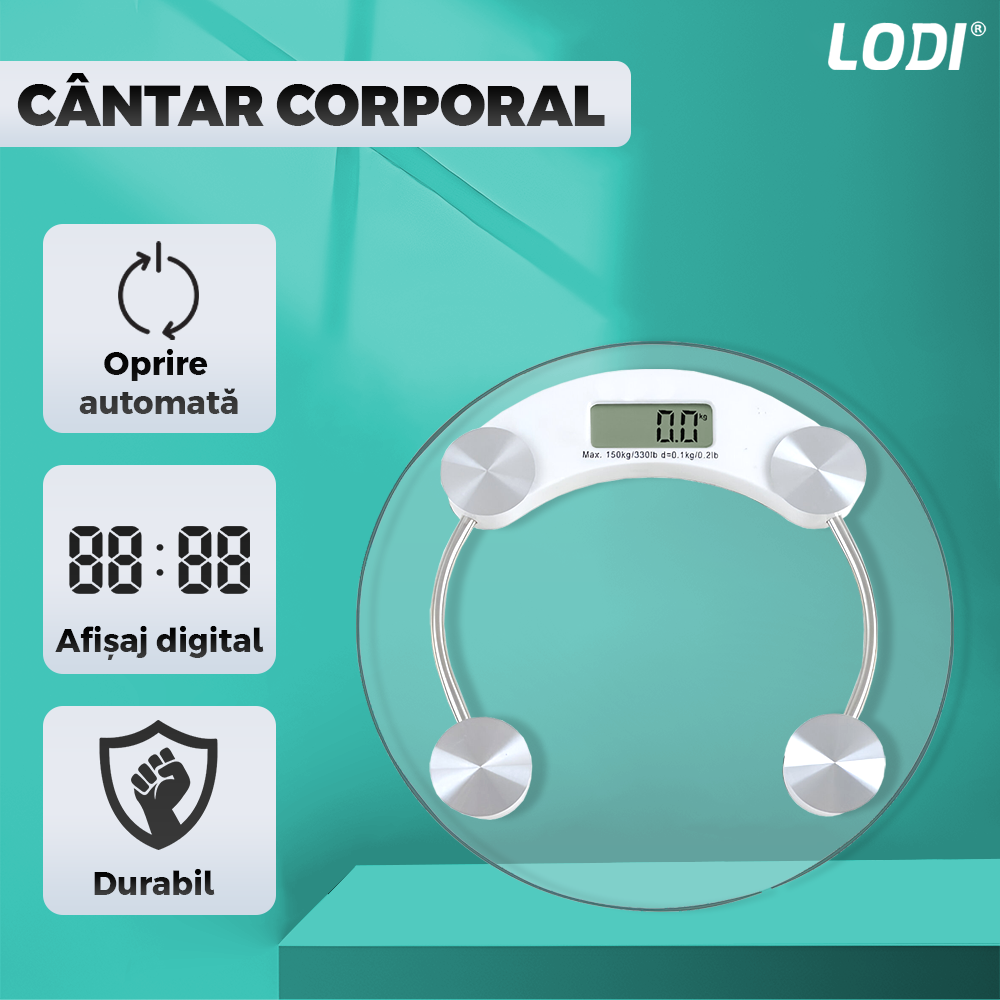 Cantar Electronic Corporal Lodi1260, rotund, afisaj digital, precizie ridicata, senzori de greutate, conversie la unitate, capacitate de 150 kg, transparent