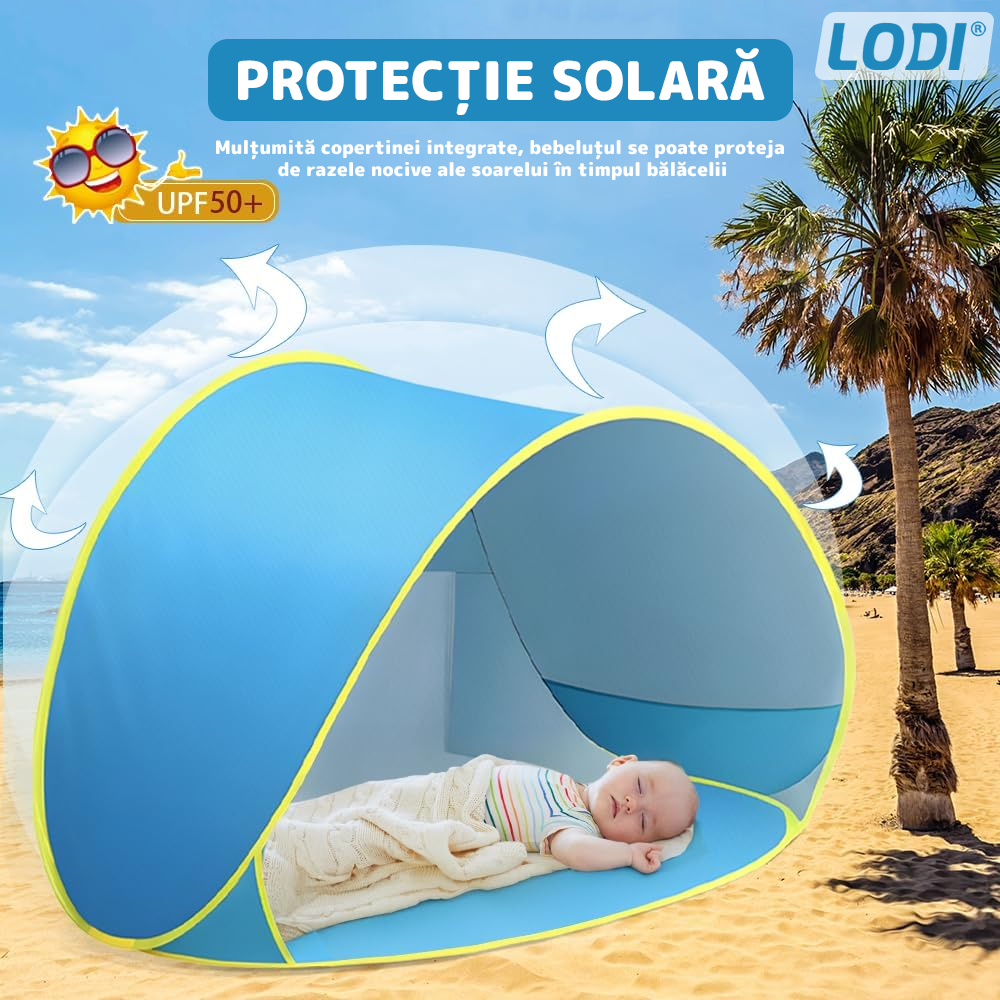 Cort Portabil de Vara pentru Bebelusi Lodi1097, adapost impermeabil pentru plaja, cu piscina, protectie UV si UPF 50+, multifunctional, 117x79x70 cm, albastru deschis