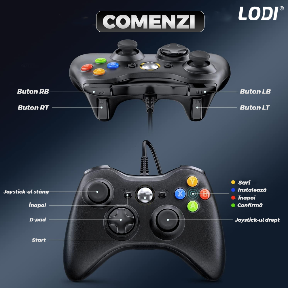 Controller de Joc cu Fir Lodi1425, compatibil cu Xbox 360/Slim/PC Windows 7/8/10, vibrații duble turbo cu 3 intensități, sensitivitate ridicată, cablu cu lungime de 2.5 m, negru