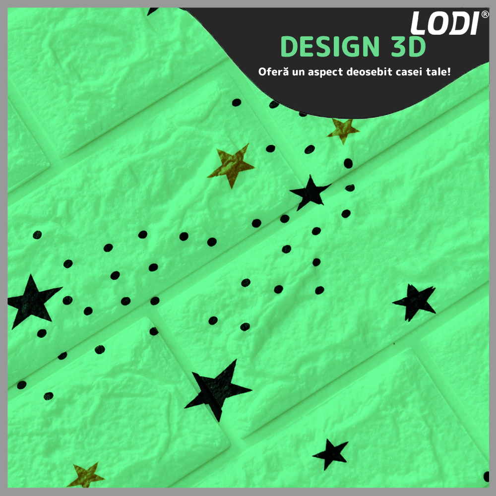 Set Tapet Caramida 3D Lodi72, model Stelute, suprafata acoperire 5.3 mp, autoadeziv, waterproof, usor de montat, design modern, 70x77 cm, verde