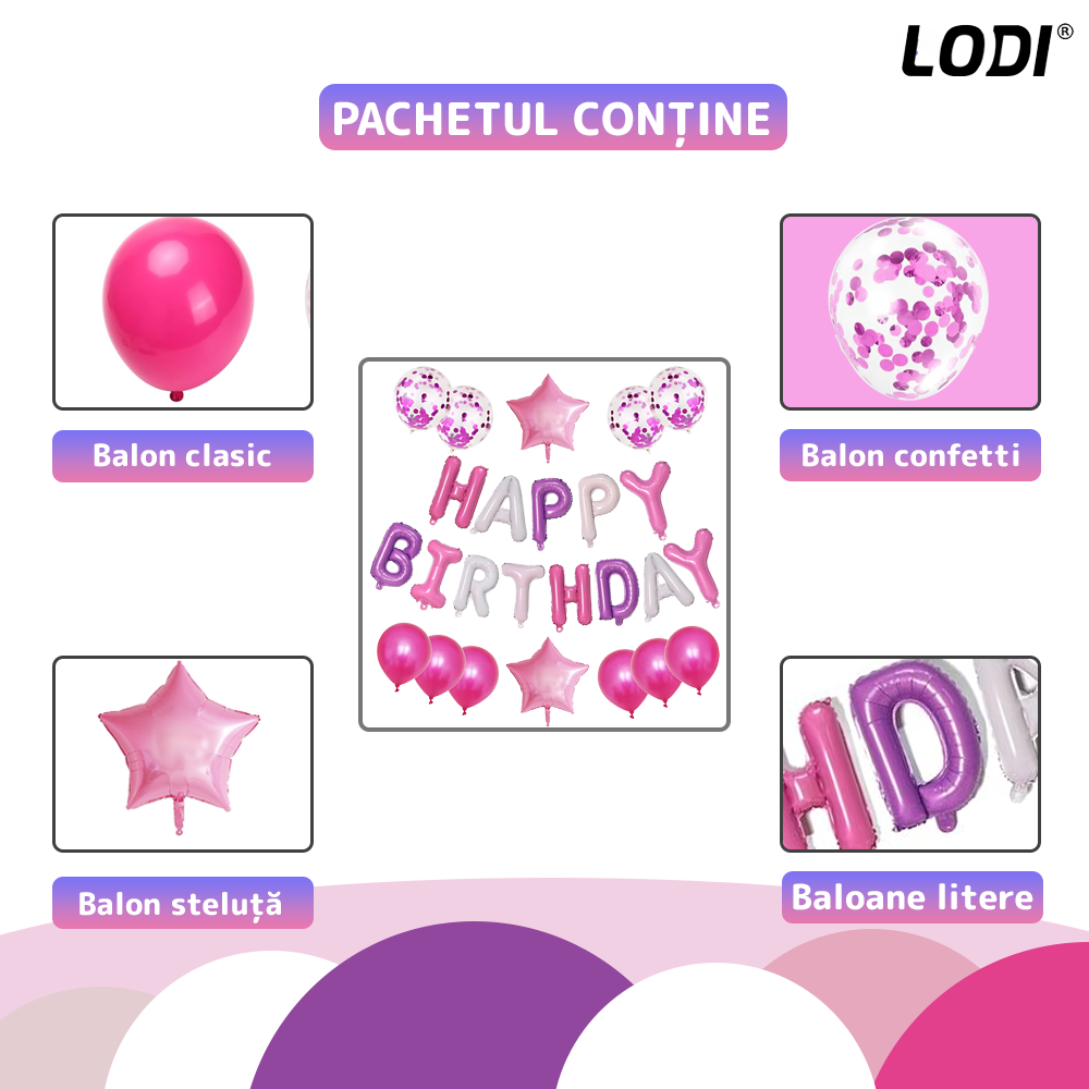 Set 25 Baloane Lodi1042, Litere, pentru Petreceri/Aniversari/Evenimente, confetti, stelute, model HAPPY BIRTHDAY, roz/mov/alb