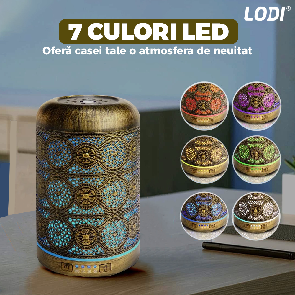 Difuzor Aromaterapie Lodi605, din metal, design vintage, 7 culori LED, 2 jocuri de lumini, capacitate 250ml, silentios, umidifica aerul, bronz