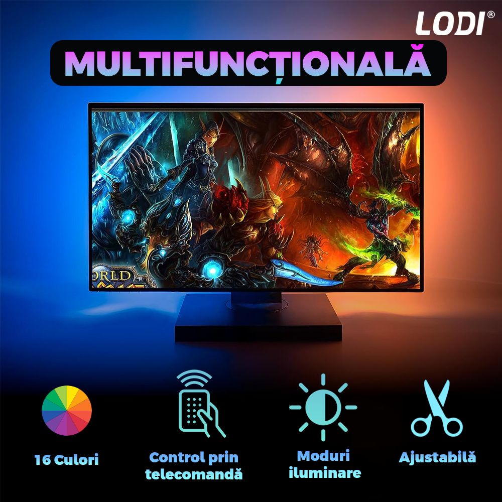 Kit Banda LED RGB Lodi453, inteligenta cu intensitate de lumina si culori reglabile, control prin telecomanda cu 44 taste, 5050RGB, utilizare exterior IP20, 5 m, multicolora