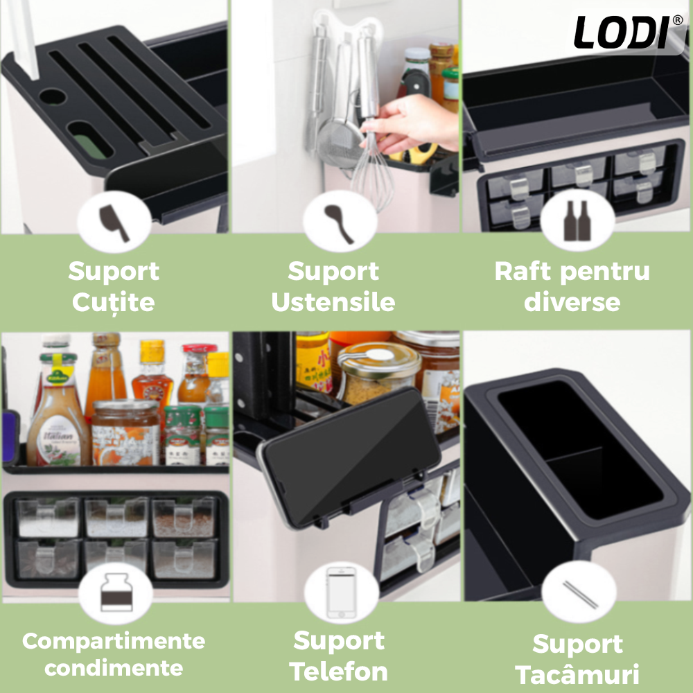 Organizator Multifunctional pentru Bucatarie Lodi531, 6 Compartimente, raft condimente, suport detasabil telefon, tavita de scurgere, suport tacamuri/ustensile, alb