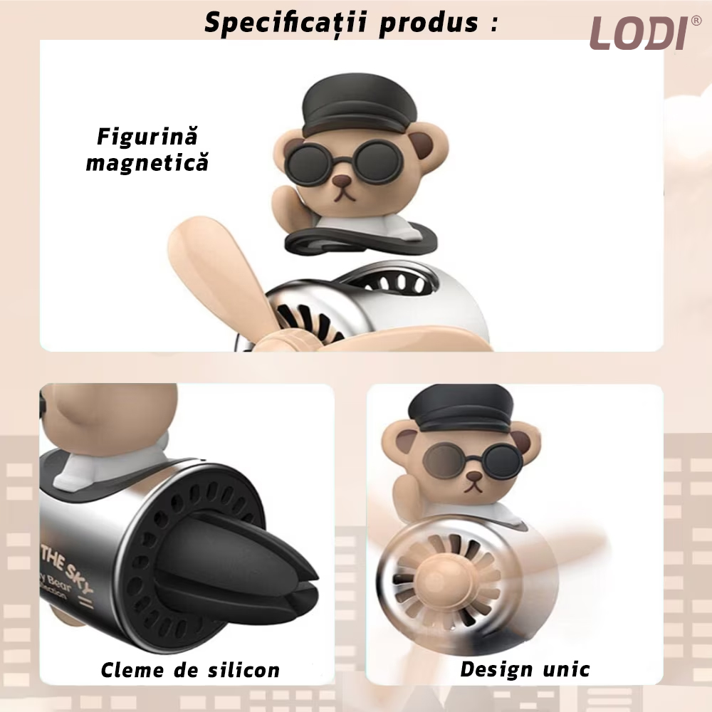 Difuzor Auto Aromaterapie Lodi335 cat pilot bear cu ochelari, kit odorizant, 2 arome cu extracte naturale incluse