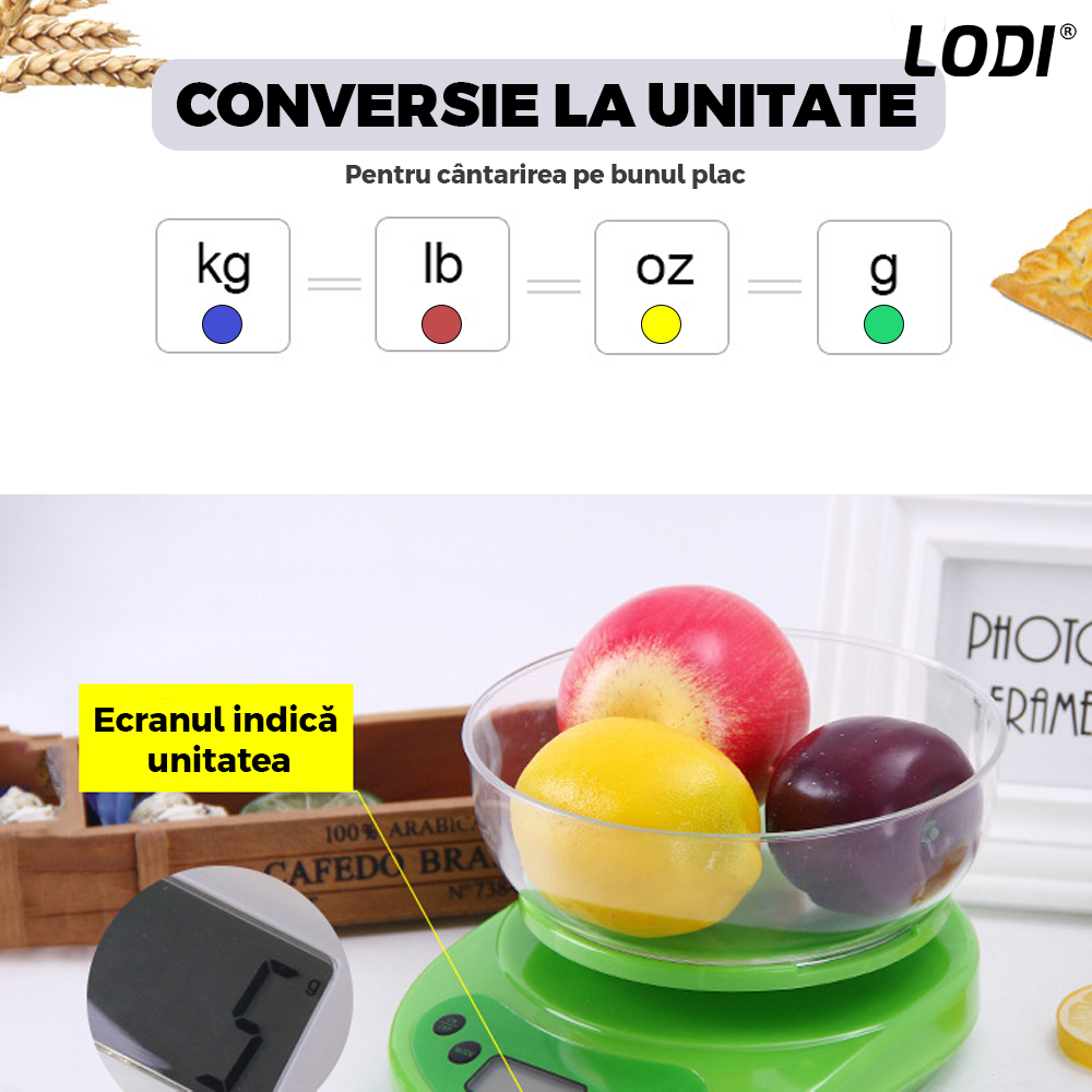 Cantar Electronic de Bucatarie Lodi646, bol inclus, capacitate maxima 5 kg, acuratete 1 g, afisaj digital, resetare la pornire, 3 unitati de masura, functionare cu baterii 2 x AA, alb