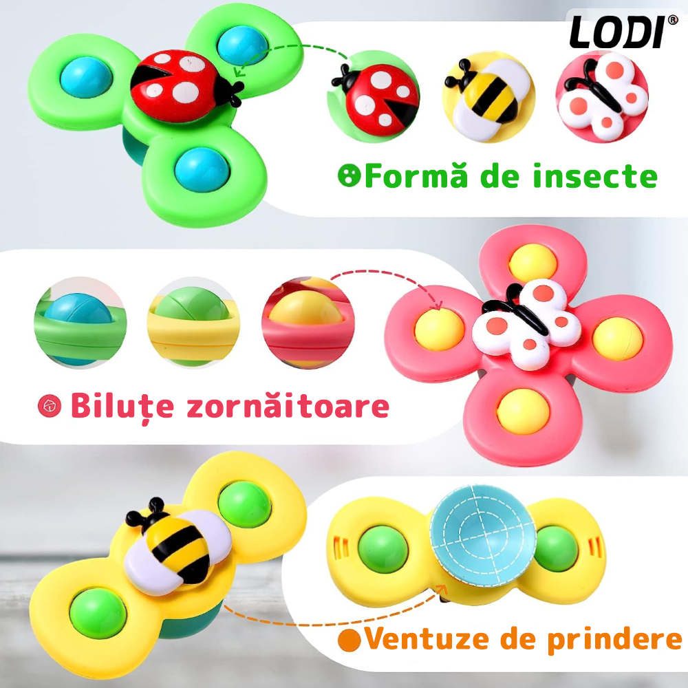 Set 3 Jucarii Interactive Fidget Spinner Lodi2, forma insecte, bile zornaitoare, margini rotunde, ventuza de prindere, 1-3 ani, multicolor