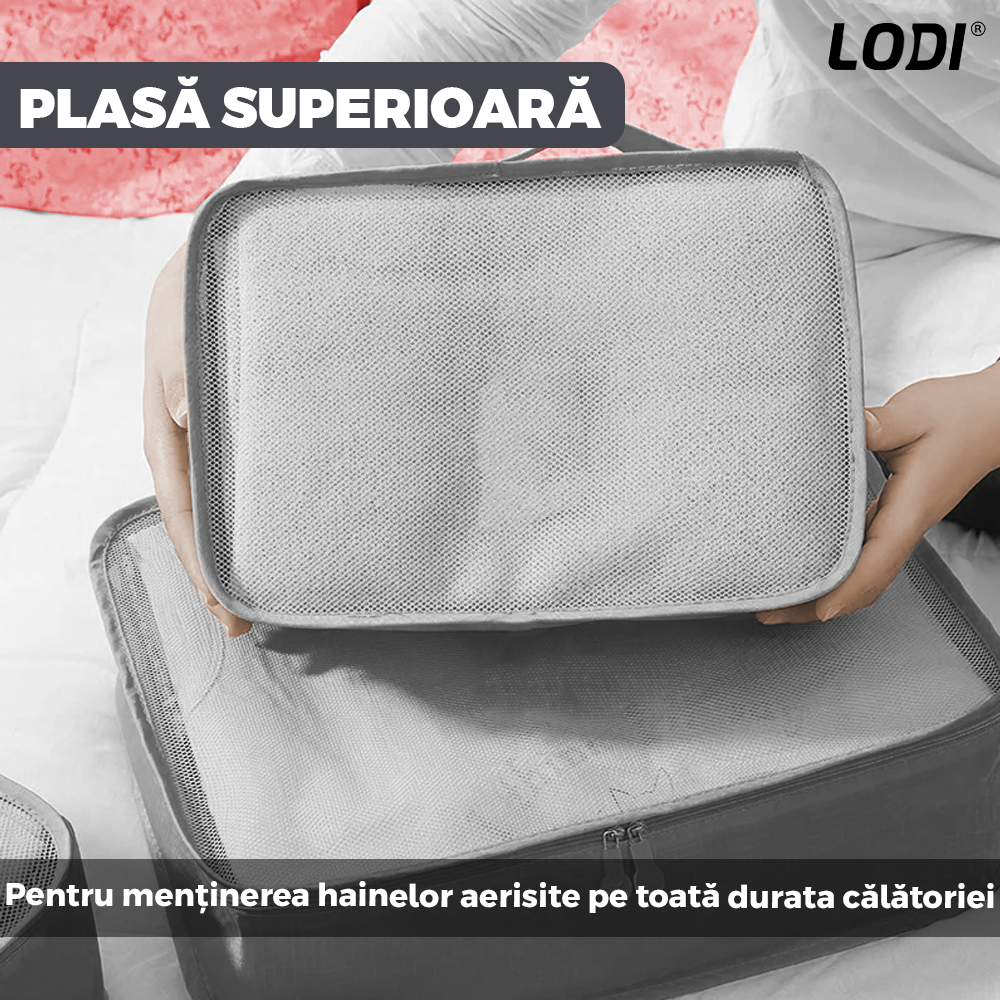Set 8 Organizatoare Lodi673, pentru calatorie, diferite marimi, 3 genti cu plasa, 1 geanta pentru lenjerie, geanta pentru cosmetice, sac pentru hainele murdare, inchidere cu fermoar dublu, plasa, gri