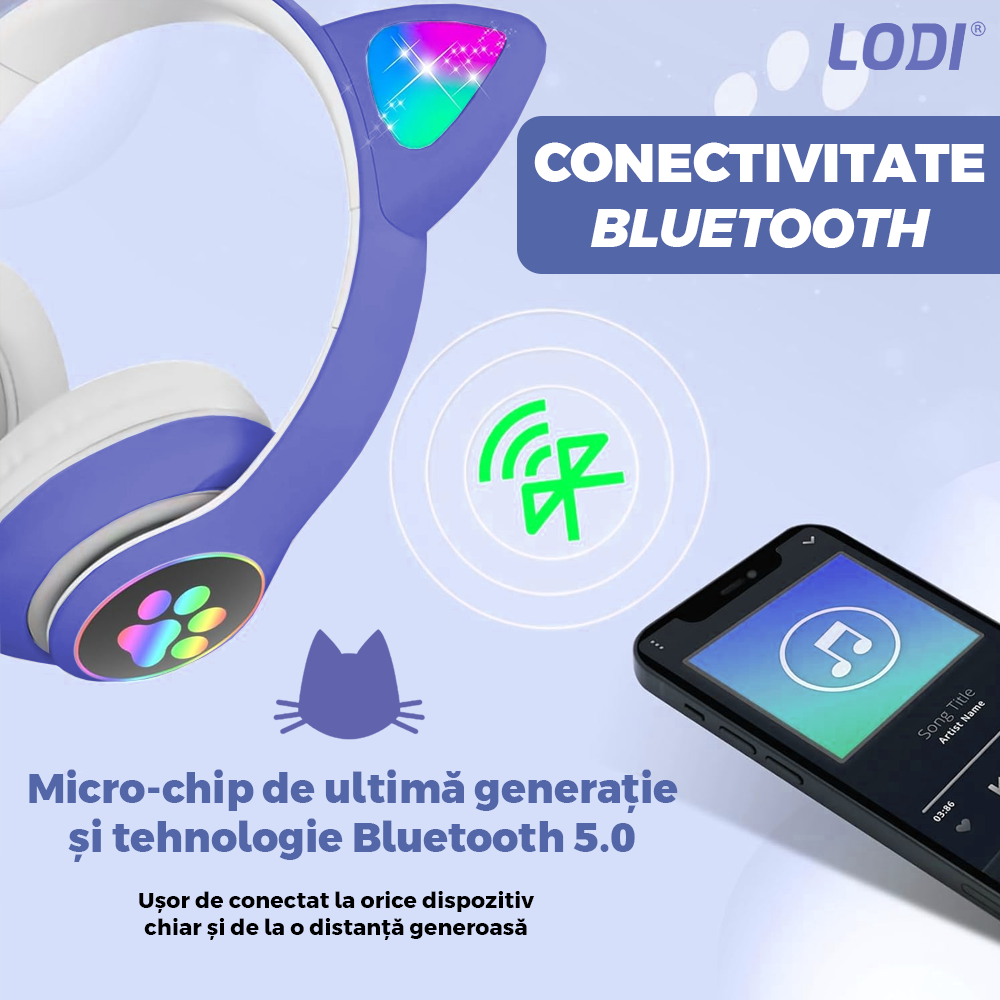 Casti Wireless Model Pisica Lodi946, STN-28, overear, urechi de pisica cu iluminare RGB, bluetooth 5.0, handsfree, HiFi, bass stereo, albastru
