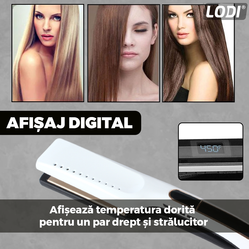 Placa profesionala de indreptat parul Lodi458, invelis ceramic, afisaj LCD, easy lock, tehnologie cu abur, par umed si uscat, 230°, alb