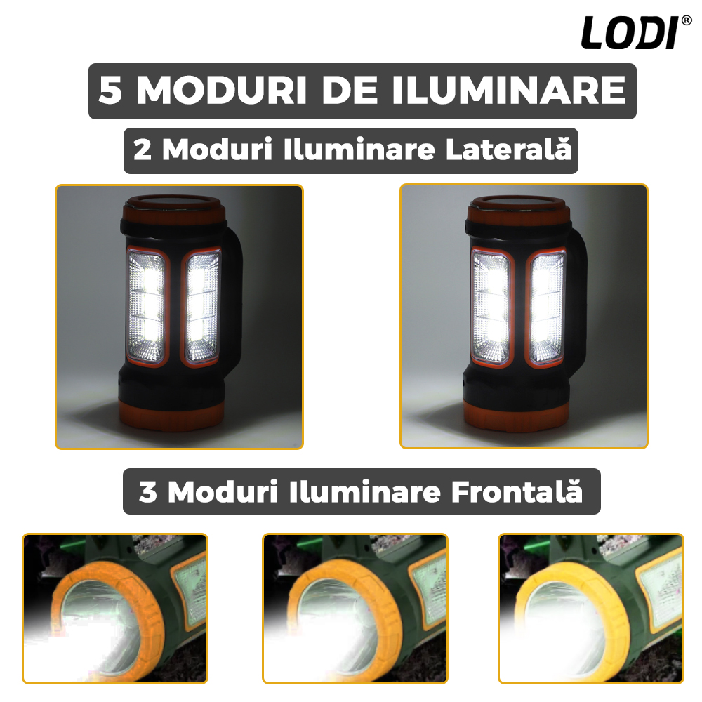 Lanterna Solara de Camping Lodi269, 2 moduri de alimentare, 5 moduri de iluminare, portabila, pentru drumetii, port USB, reincarcabila, portocaliu