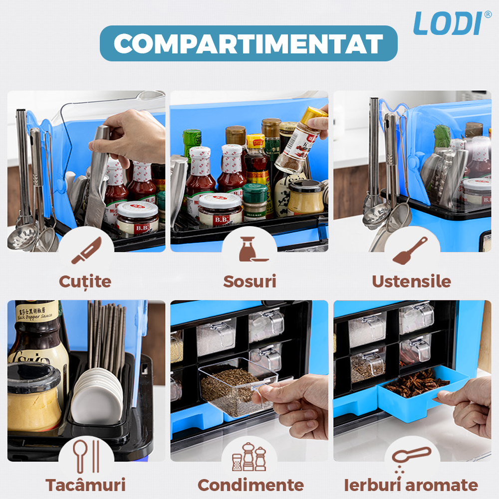 Organizator Multifunctional pentru Bucatarie Lodi485, suport sticle, rafturi pentru condimente, cuier pentru ustensile, suport cutite, 46 x 26 x 43 cm, albastru