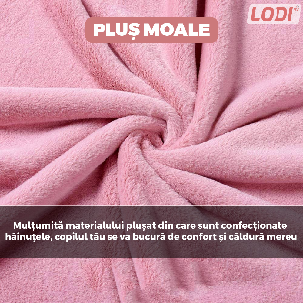 Compleu Copii din 3 Piese Lodi505, unisex, toamna-iarna, plus moale cu ursulet, bluza, pantaloni si vesta cu gluga pufoasa, 80 cm, roz