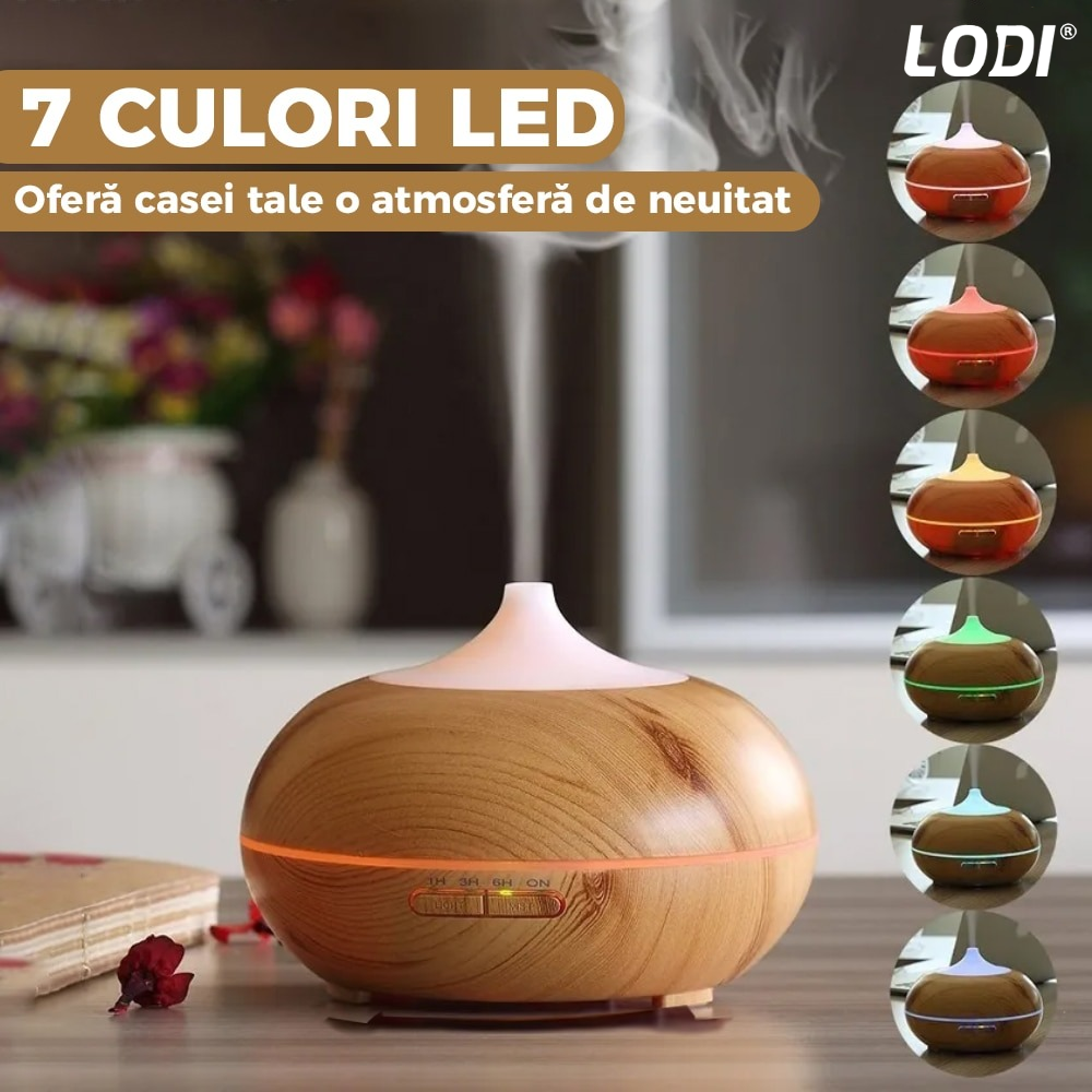 Difuzor Aromaterapie Lodi213, 7 culori LED, 2 jocuri de lumini, control prin telecomanda, capacitate 500ml, silentios, umidifica aerul, stejar deschis