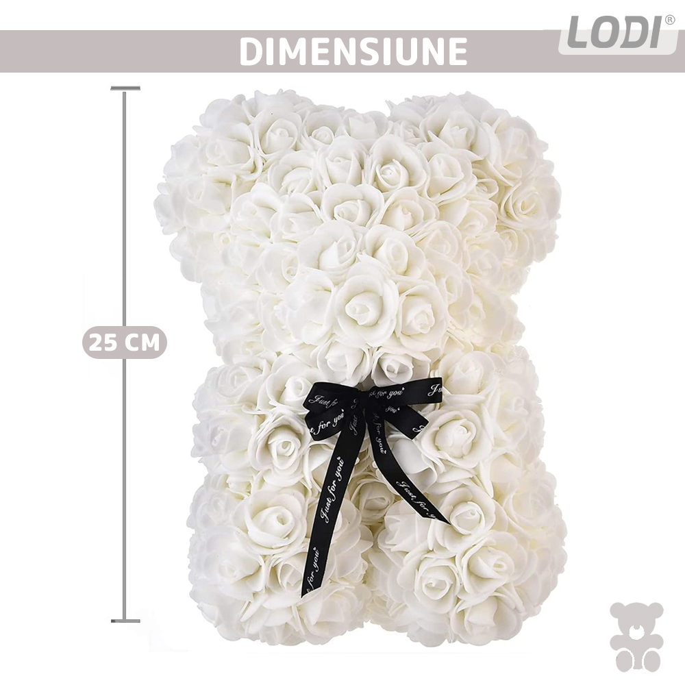 Ursulet din Trandafiri de Spuma Lodi333, floral alb, handmade, cutie transparenta, 25 cm