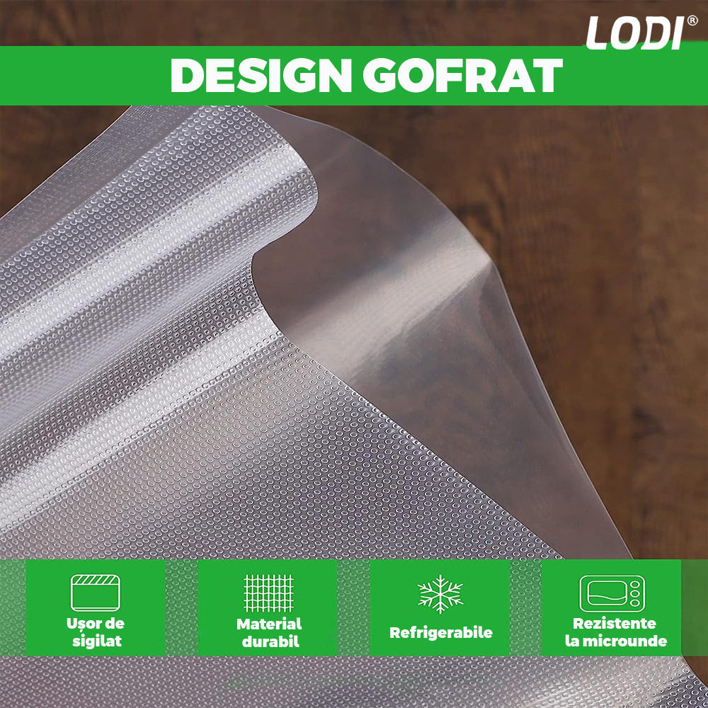 Set de Role Folii pentru Vidat Universale Lodi, 5m x 15cm, compatibile cu orice aparat de vidat, gofrate, reutilizabile, rezistente la caldura, transparente
